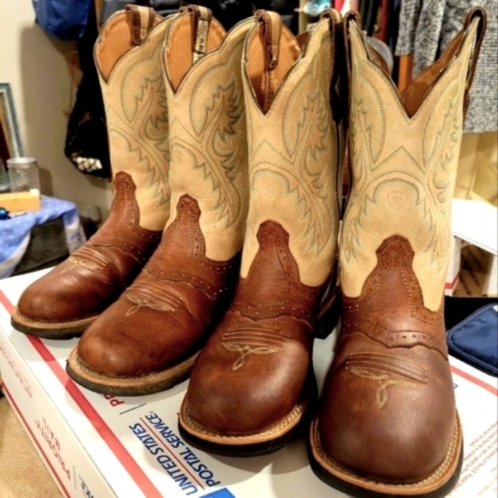 Ariat Fatbaby Boot 7 Cream Teal Stitching Brown Round Toe Heritage Nice Cond - Picture 7 of 8